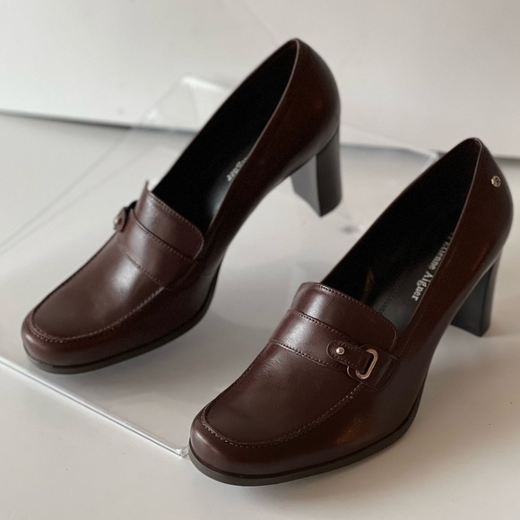 Etienne Aigner Brown Leather Platform Pumps Heels Chunky Block Heels E-Tartan, 8 - Picture 11 of 11